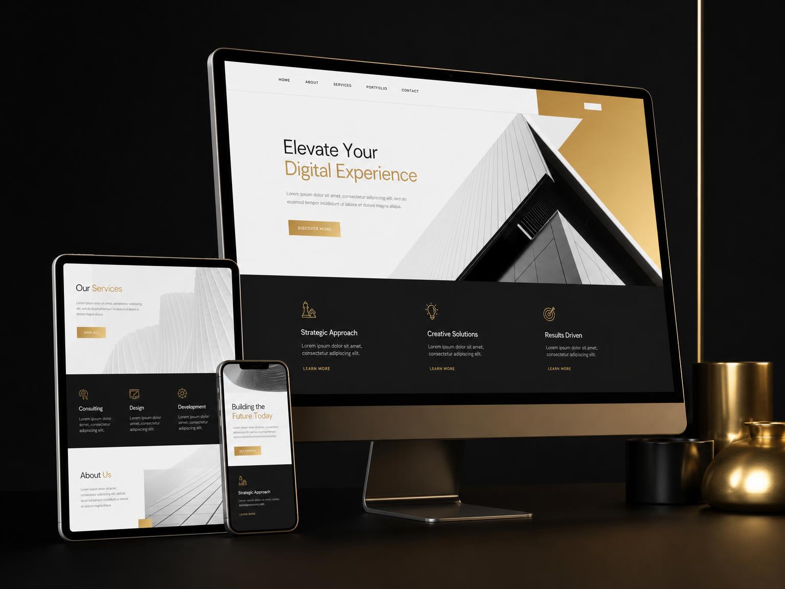 Website designs shown across desktop, tablet and mobile screens